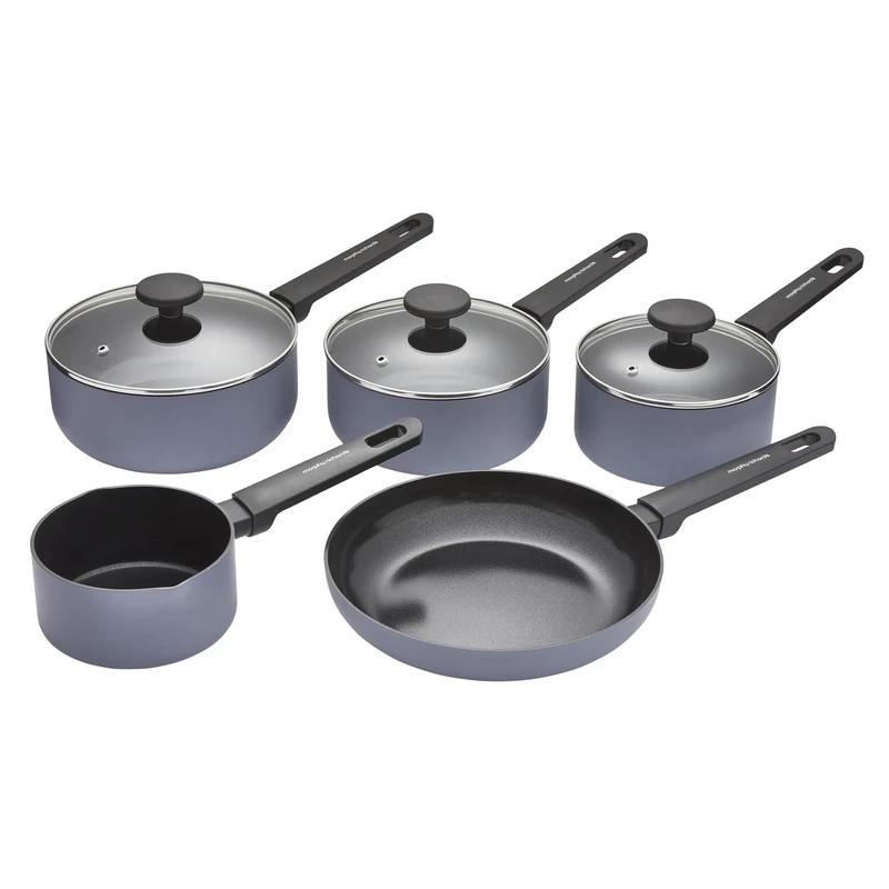 Morphy Richards 5 pc Saucepan Set, Recycled Aluminium, 14cm Milk Pan, 23cm Frying Pan, 16cm, 18cm & 20cm Saucepan, Non Stick Coating, Soft Touch Handles, Suitable for All Hobs, Grey, 859503