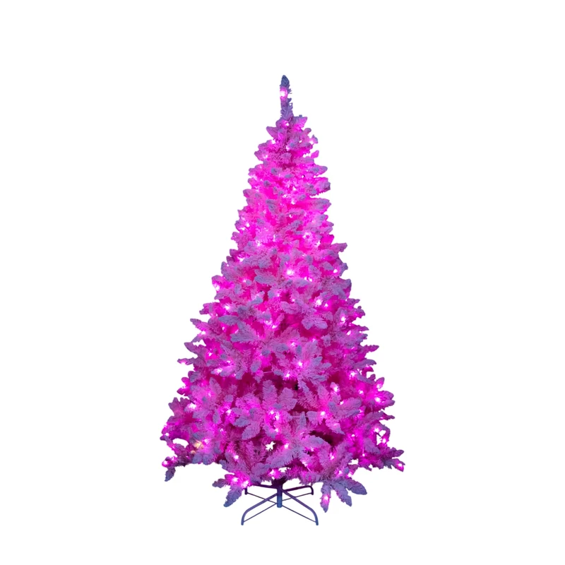4Ft Flocked Prelit Pink Christmas Tree with Pink LED Lights Multifunction, Snow Dusted Artificial Pine Foldable Metal Stand 308 Tips Hinged Branches Snowy Bushy Luxury Holiday Home Decoration