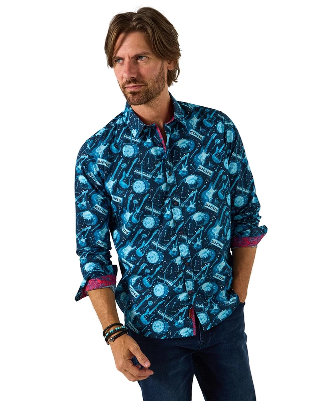 Joe Browns Mens Contrast Trim Guitar Printed Long Sleeve Shirt Regular Blue UK M - Image 1
