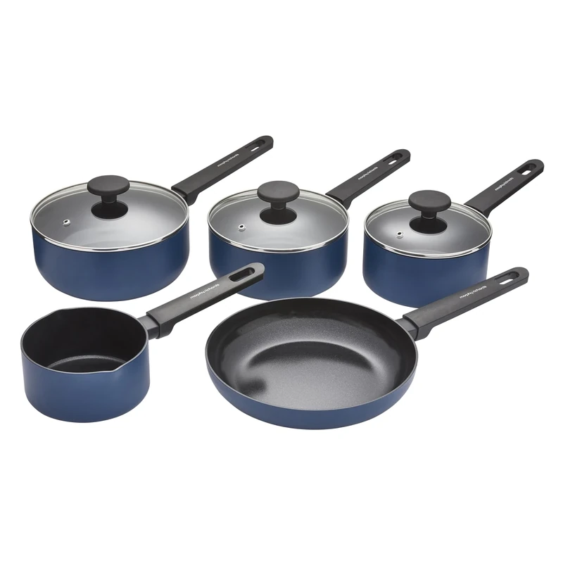 Morphy Richards 5 pc Saucepan Set, Recycled Aluminium, 14cm Milk Pan, 23cm Frying Pan, 16cm, 18cm & 20cm Saucepan, Non Stick Coating, Soft Touch Handles, Suitable for All Hobs, Blue, 859502