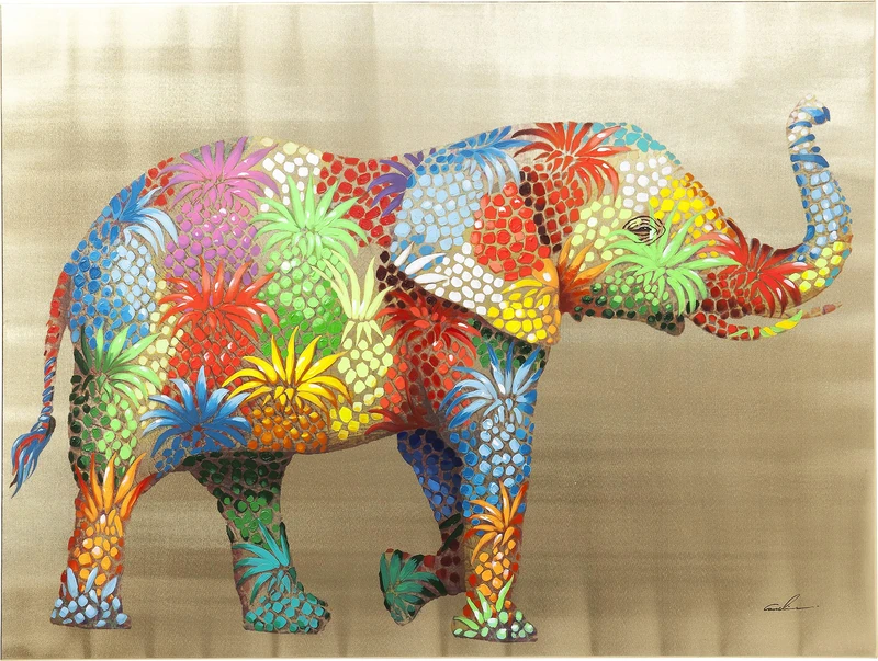 Kare Design Canvas Picture Flower Elefant, Multicoloured, Rectangular, Wall Art, Acrylic Paint, Handpainted Details, Modern Design, Decorative Home Accessories for Living Room, Bedroom, 50x40cm (HxW)