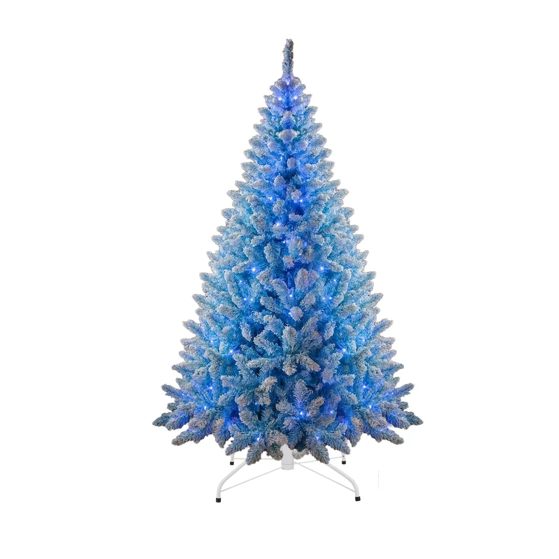 6Ft Flocked Prelit Blue Christmas Tree with Blue LED Lights Multifunction, Snow Dusted Artificial Pine Foldable Metal Stand 730 Tips Hinged Branches Snowy Bushy Luxury Holiday Home Decoration