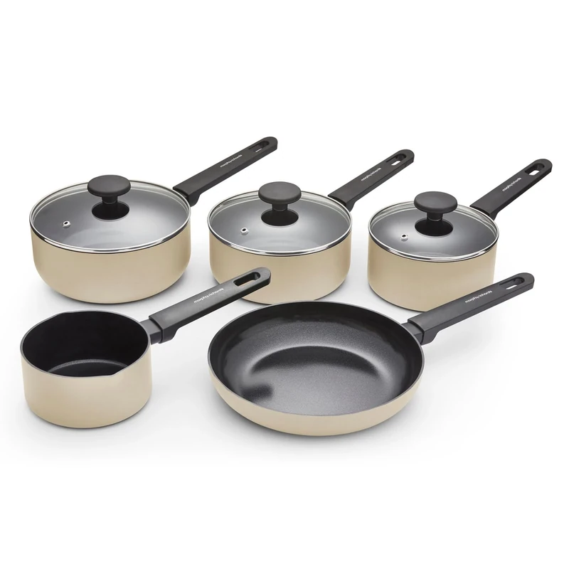 Morphy Richards 5 pc Saucepan Set, Recycled Aluminium, 14cm Milk Pan, 23cm Frying Pan, 16cm, 18cm & 20cm Saucepan, Non Stick Coating, Soft Touch Handles, Suitable for All Hobs, Cream, 859504