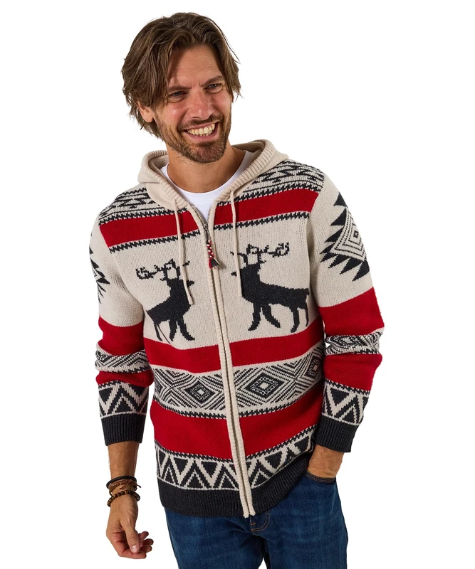 Joe Browns Men's Stag Pattern Zip Hoodie Hooded Sweatshirt, Off White, L