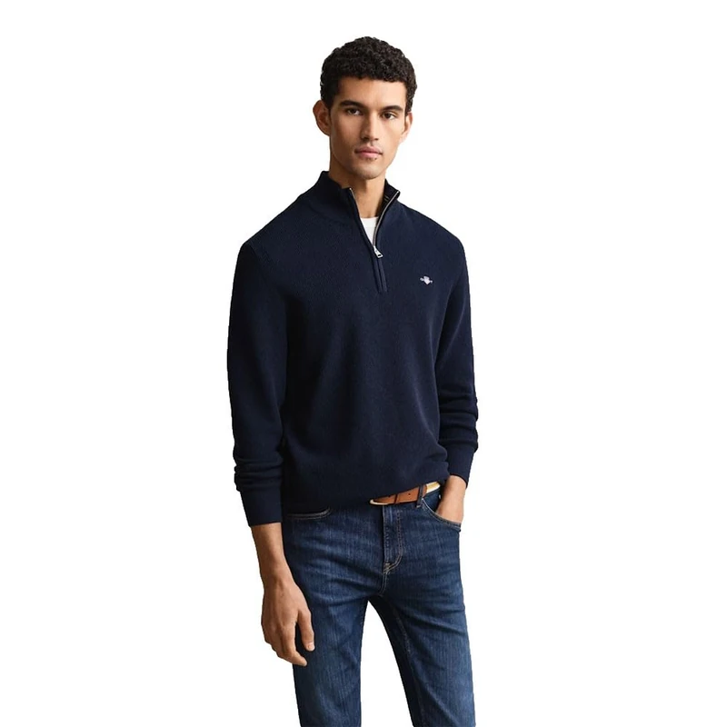 GANT Men's Micro Textured Cotton Half Zip Pullover Sweater, Evening Blue, XXL - Image 1