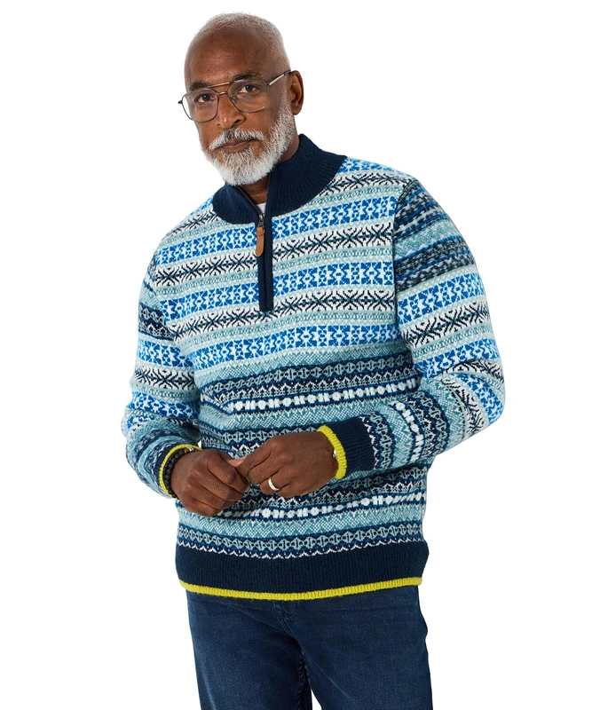 Joe Browns Men's Bold Fairisle Funnel Knit Jumper Sweater, Blue, XXL