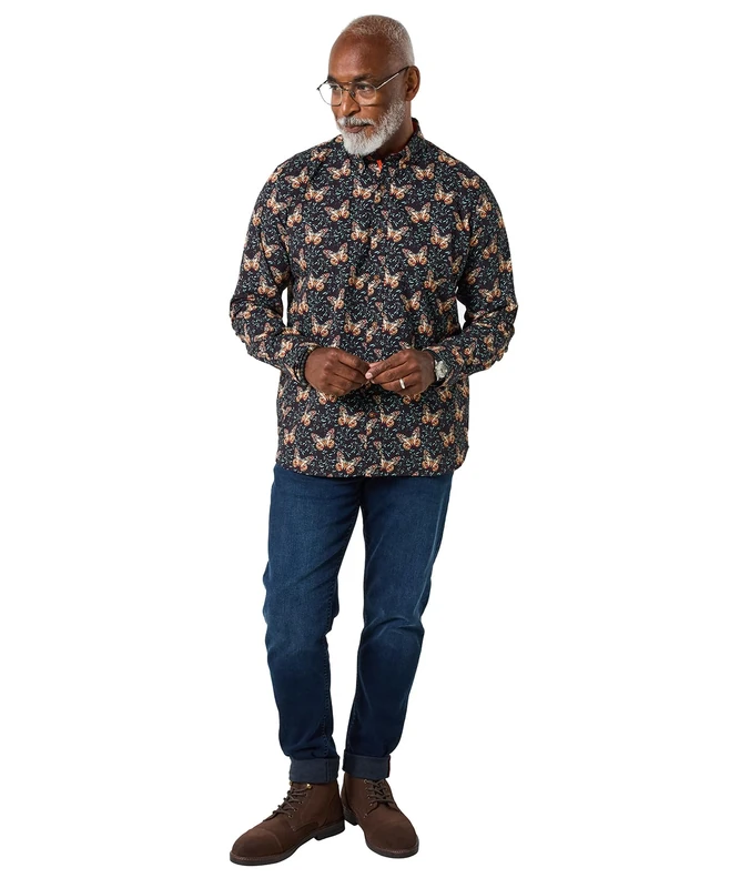 Joe Browns Mens Ombre Button Butterfly Print Long Sleeve Shirt Regular Black UK L - Image 1