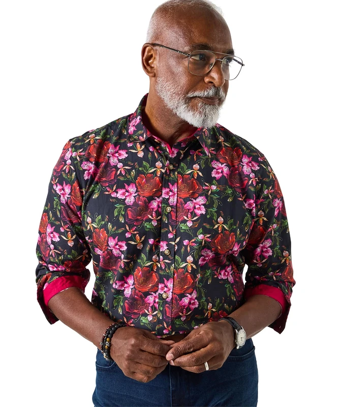 Joe Browns Men's Contrast Trim Floral Printed Shirt, Black, M