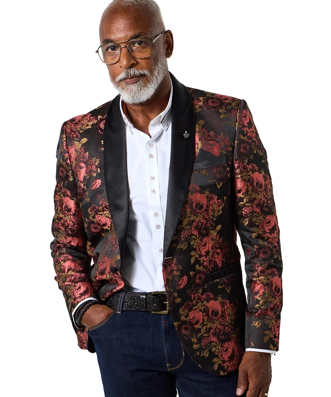 Joe Browns Men's Shawl Collar Statement Floral Print Blazer, Berry, 38
