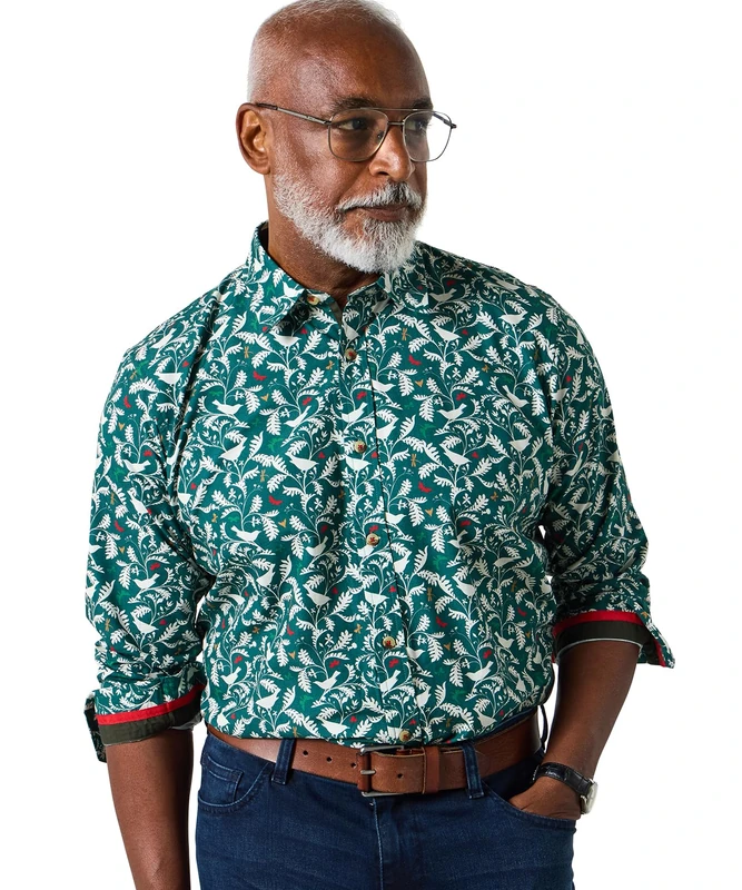 Joe Browns Mens Bird Print Long Sleeve Shirt Regular Green UK XXL