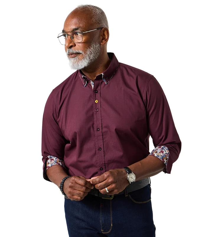 Joe Browns Mens Floral Trim Double Collar Long Sleeve Shirt Regular Merlot UK XXL