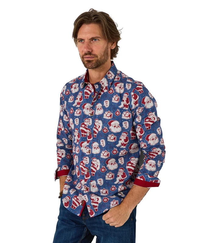 Joe Browns Mens Santa Novelty Printed Long Sleeve Shirt Regular Blue UK XL