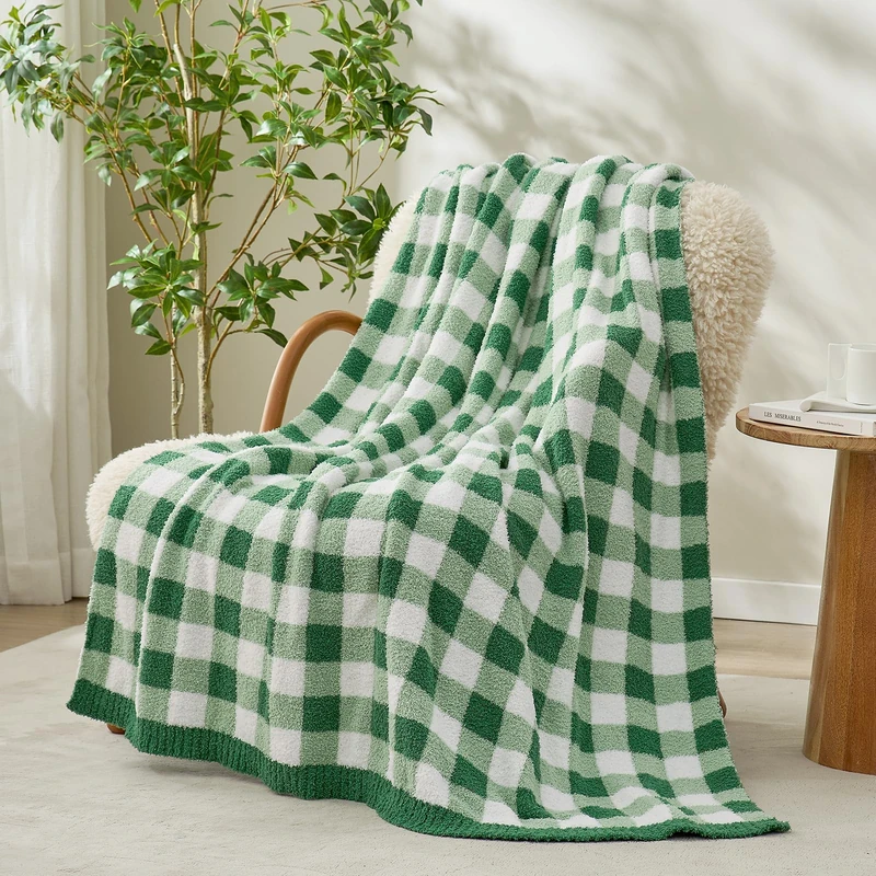 Snuggle Sac Buffalo Plaid Bedding Blanket Twin Size, Super Soft, Cozy Warm Knit Decorative Blankets, Reversible Plaid Fluffy Throws for Bed, Plaid Green, 60x80 Inches