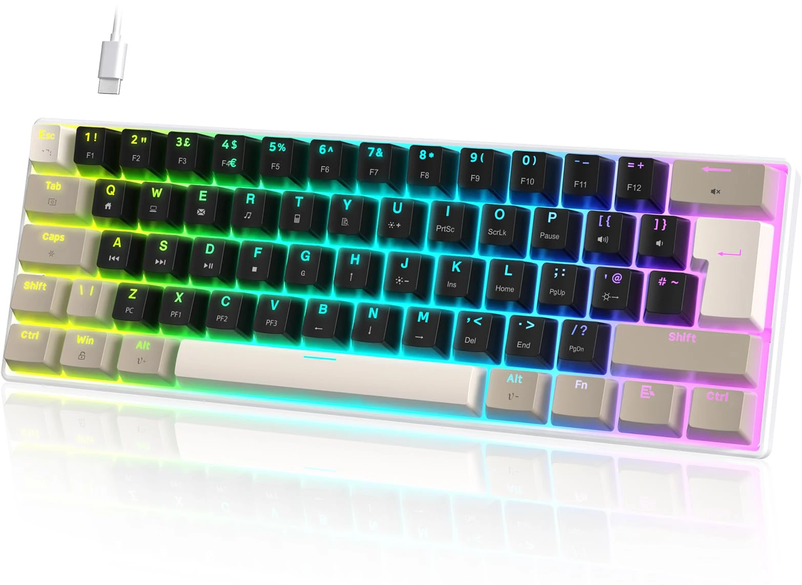 UrChoiceLtd MK21 Gaming Keyboard, 60% Percent Wired Mechanical Keyboard, 61 Keys Compact UK Layout, Hot Swappable, RGB Backlit, Anti-ghosting, Blue Switch, for PC/MAC/Gamer/Office/Typist - Milk Shake