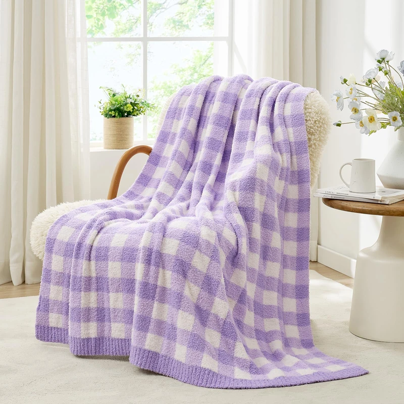 Snuggle Sac Buffalo Plaid Bedding Blanket Twin Size, Super Soft, Cozy Warm Knit Decorative Blankets, Reversible Plaid Fluffy Throws for Bed, Plaid Purple, 60x80 Inches