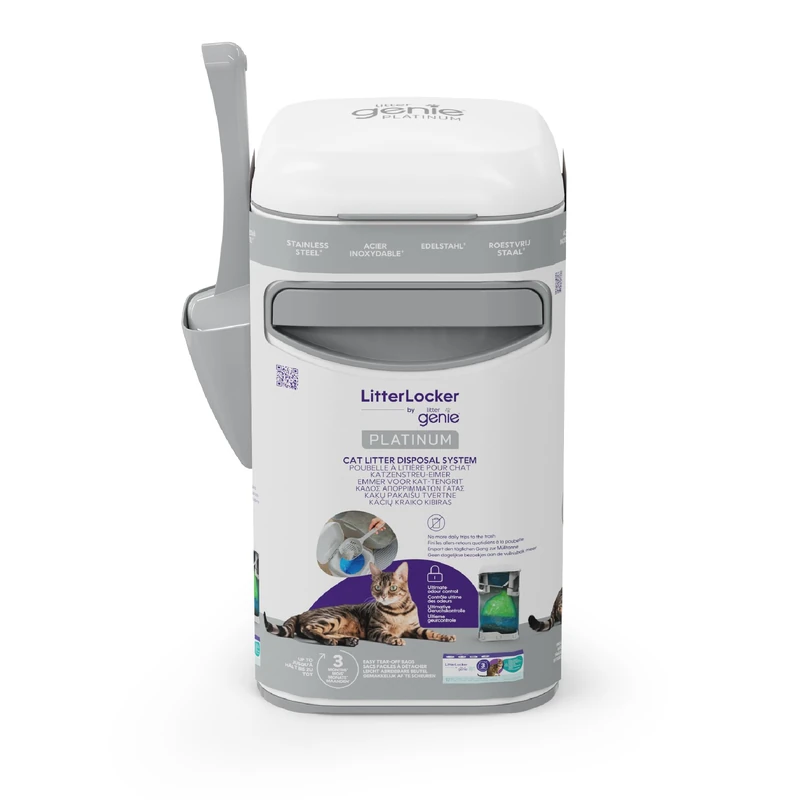 Litter Genie Platinum Cat Litter Disposal Bin. Odour Control. Durable Stainless Steel, White. Easy Use and Maintenance. 1 Refill 3 Months / 12 Easy Roll Bags and Scoop Included.