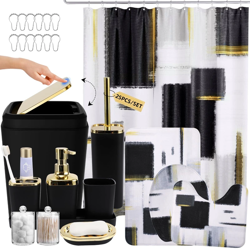 XLHOMO Bathroom Accessories Set - 25PC Bathroom Set with Shower Curtain and Rugs, Black Bathroom Set, Bathroom Accessory Set with Press-on Lid Trash Can, Soap Dispenser and Qtip Holders