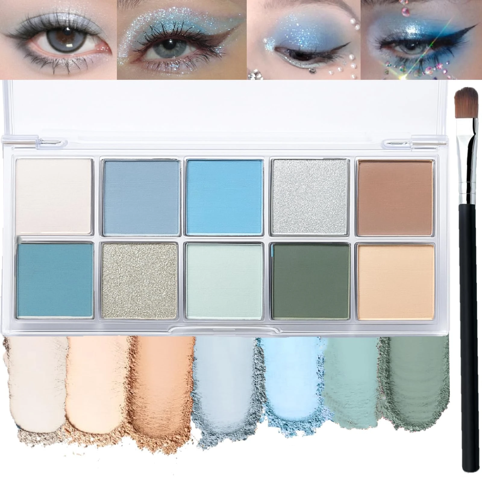 10-Color Eyeshadow Palette with Matte & Shimmer Shades – Highly Pigmented, Waterproof & Blendable Eye Shadow Makeup Set with Brush, Travel-Size Cool Blue Toned Cream Cosmetics