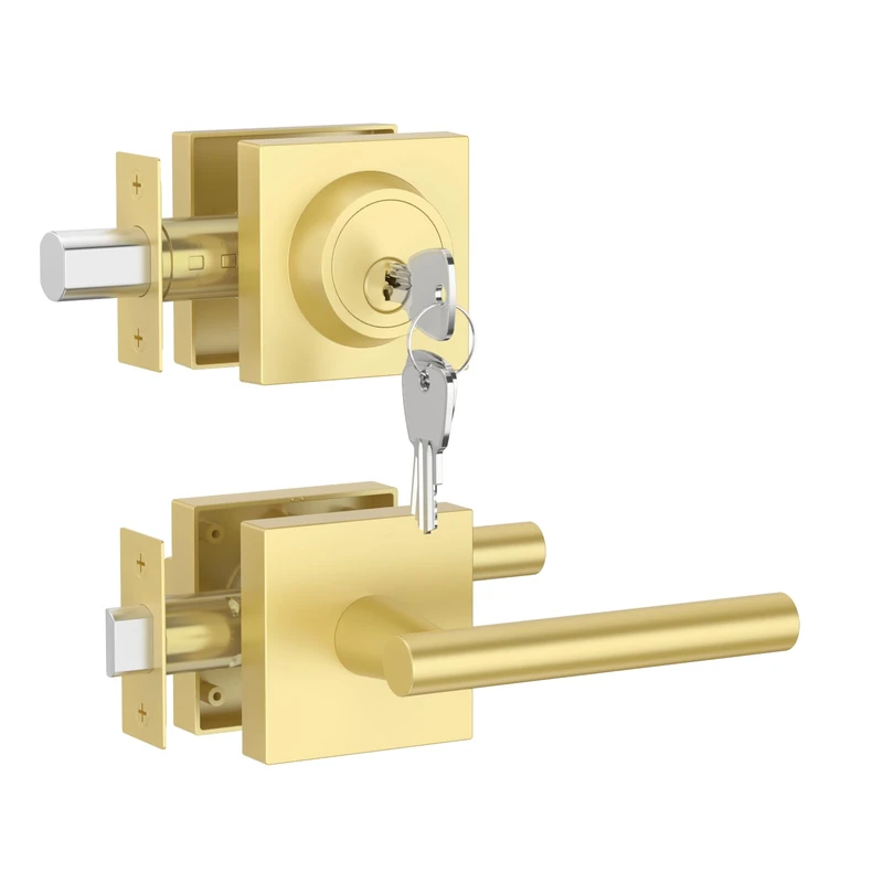 Asidrama Heavy Duty Brushed Gold Front Door Lock Set: Double Cylinder Deadbolt, Zinc-Alloy Security Handleset for Left/Right Exterior Doors, Universal Entry Locks (2 Pack)