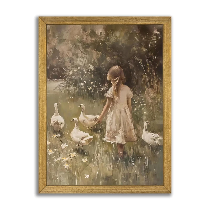 Wood Framed Canvas Wall Art, Vintage Girl with Ducks Painting Poster, Countryside Pastoral Landscape Print Picture, Rustic Farmhouse Wall Decor for Living Room Bedroom Nursery 16x24 inch