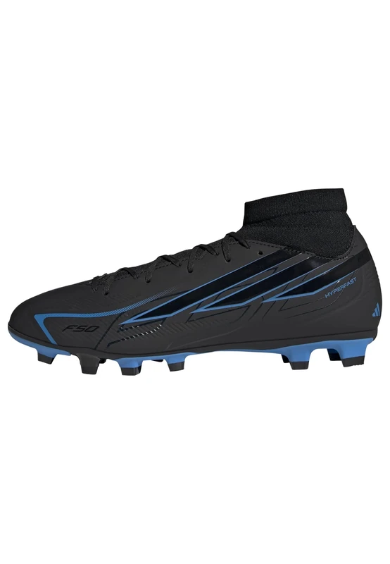 adidas Unisex F50 Hyperfast Club Mid Firm Ground/Multi Ground Football Boots Shoes, core Black/core Black/Lucid Ray Blue, 5 UK