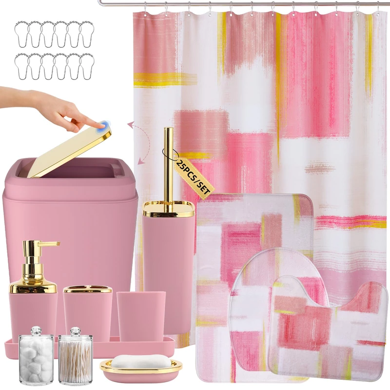 XLHOMO Bathroom Accessories Set - 25PC Bathroom Set with Shower Curtain and Rugs, Pink Bathroom Set, Bathroom Accessory Set with Press-on Lid Trash Can, Soap Dispenser and Qtip Holders