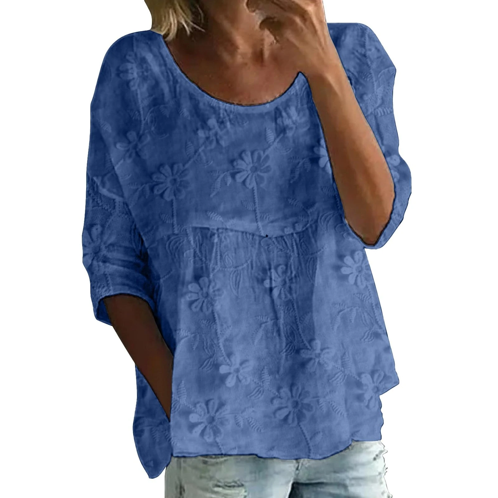 Long Sleeved Top Women's Print T Shirt Half Sleeved Round Neck Shirt 3/4 T Loose Large Size T Loose Casual Tee Long Sleeve Skims Top Ladies Sleeve T Shirts Cotton Blue