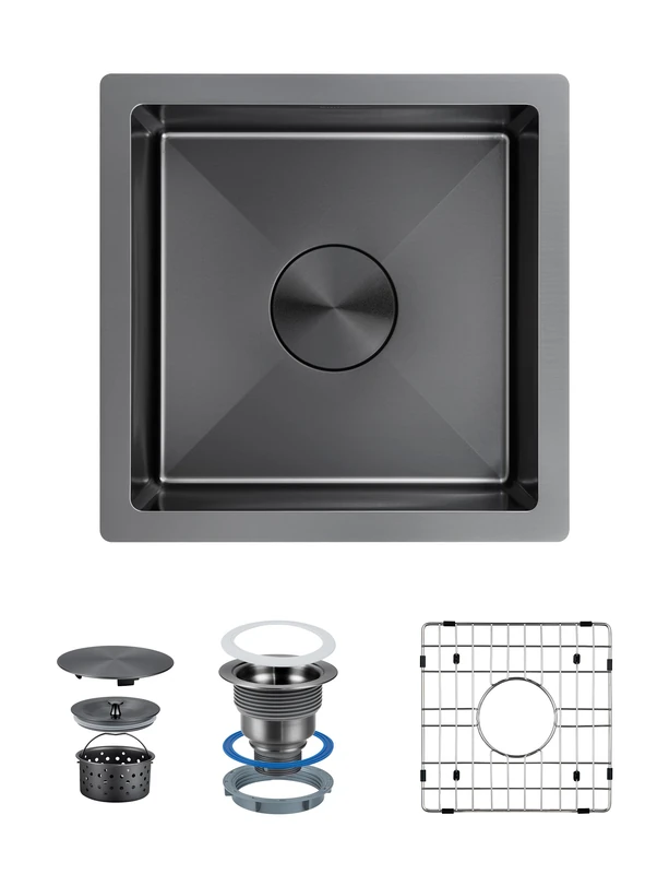 Suncano 15x15 Gunmetal Black Bar Sink Undermount, Stainless Steel Single Bowl Handmade Square Wet Bar & Prep Under Counter Small Kitchen Sinks with Grid