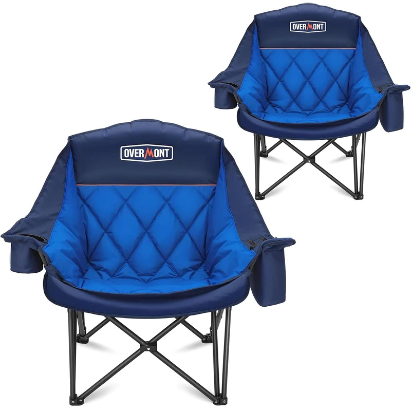 OVERMONT Oversized XL Camping Folding Chair for Adults - 450lbs Support Heavy-Duty Padded Folding Chair with Side Pocket Cup Holder for Outdoor Sports Garden Beach Fishing Lawn Blue 2Pack