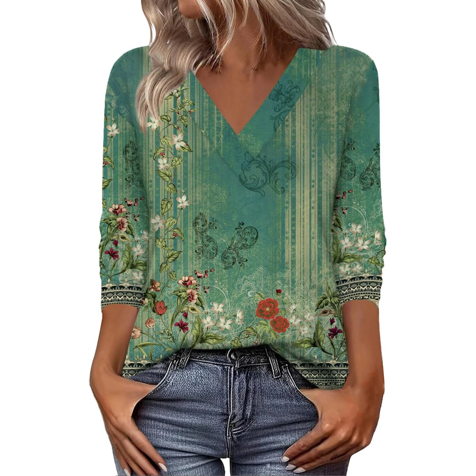 DUHGBNE Long Sleeve Top Women Women Long Sleeve Tops Casual V Neck Tshirts Basics Tee 2025 Fall Trendy Clothes Womens Compression Skims Top Tops Plus Size Green