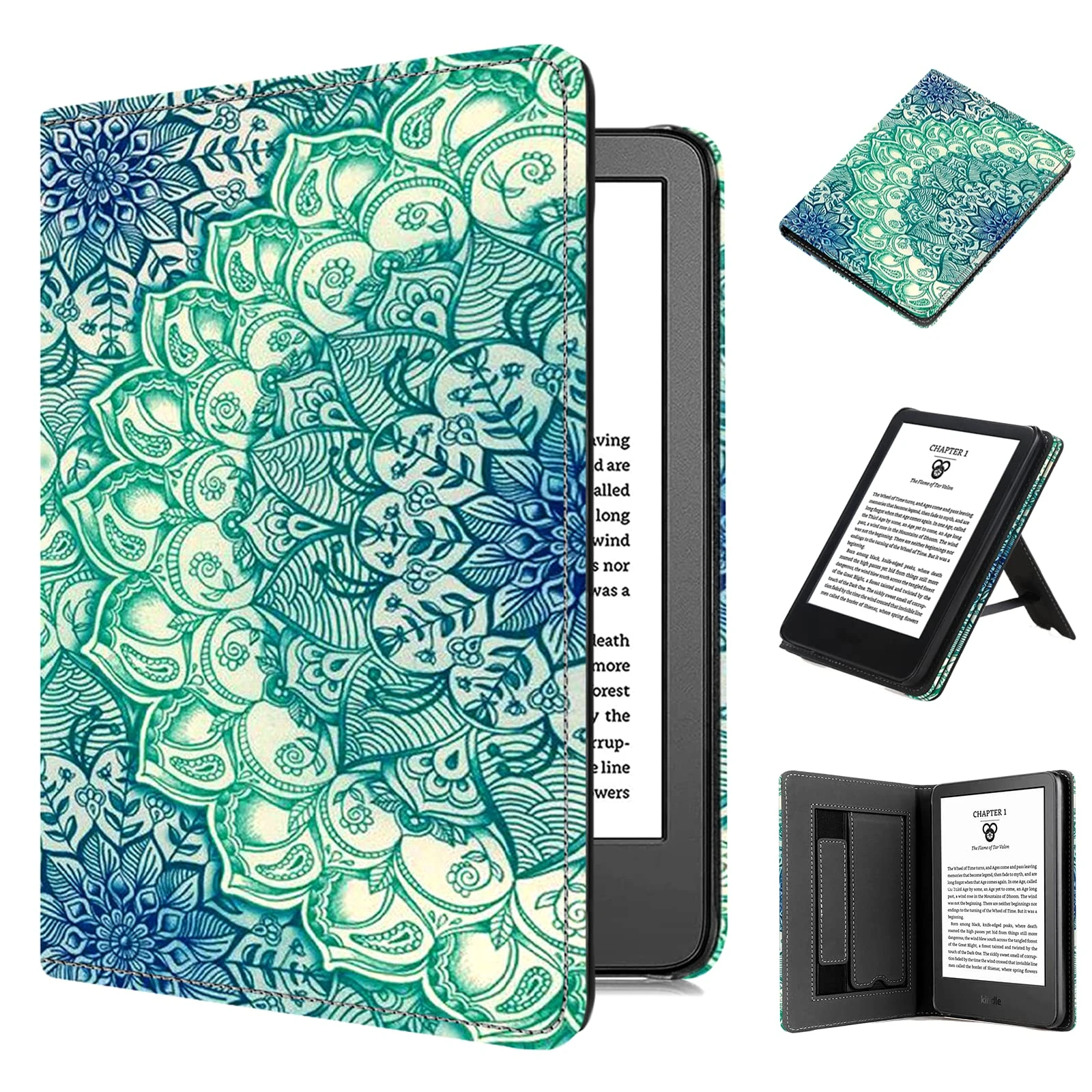 Case for 6 inch E-Readers 2024, TOKILO Lightweight Premium PU Leather Sleeve Case Auto Sleep/Wake Hand Strap Foldable Stand, Not compatible with iPad/Samsung/Kobo/Sony 6inch e-Reader, Emerald Illusion