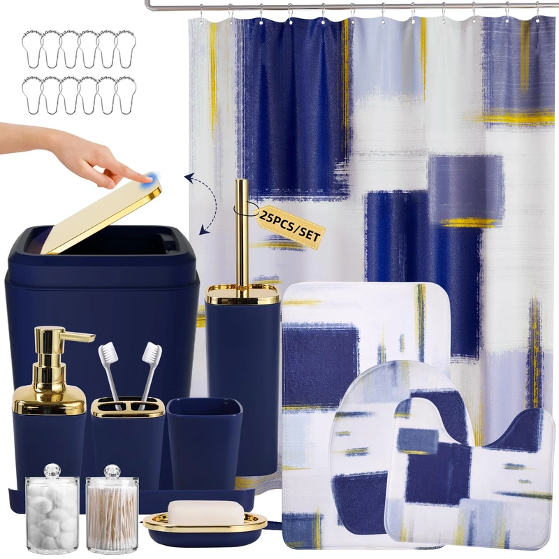 XLHOMO Bathroom Accessories Set - 25PC Bathroom Set with Shower Curtain and Rugs, Blue Bathroom Set, Bathroom Accessory Set with Press-on Lid Trash Can, Soap Dispenser and Qtip Holders