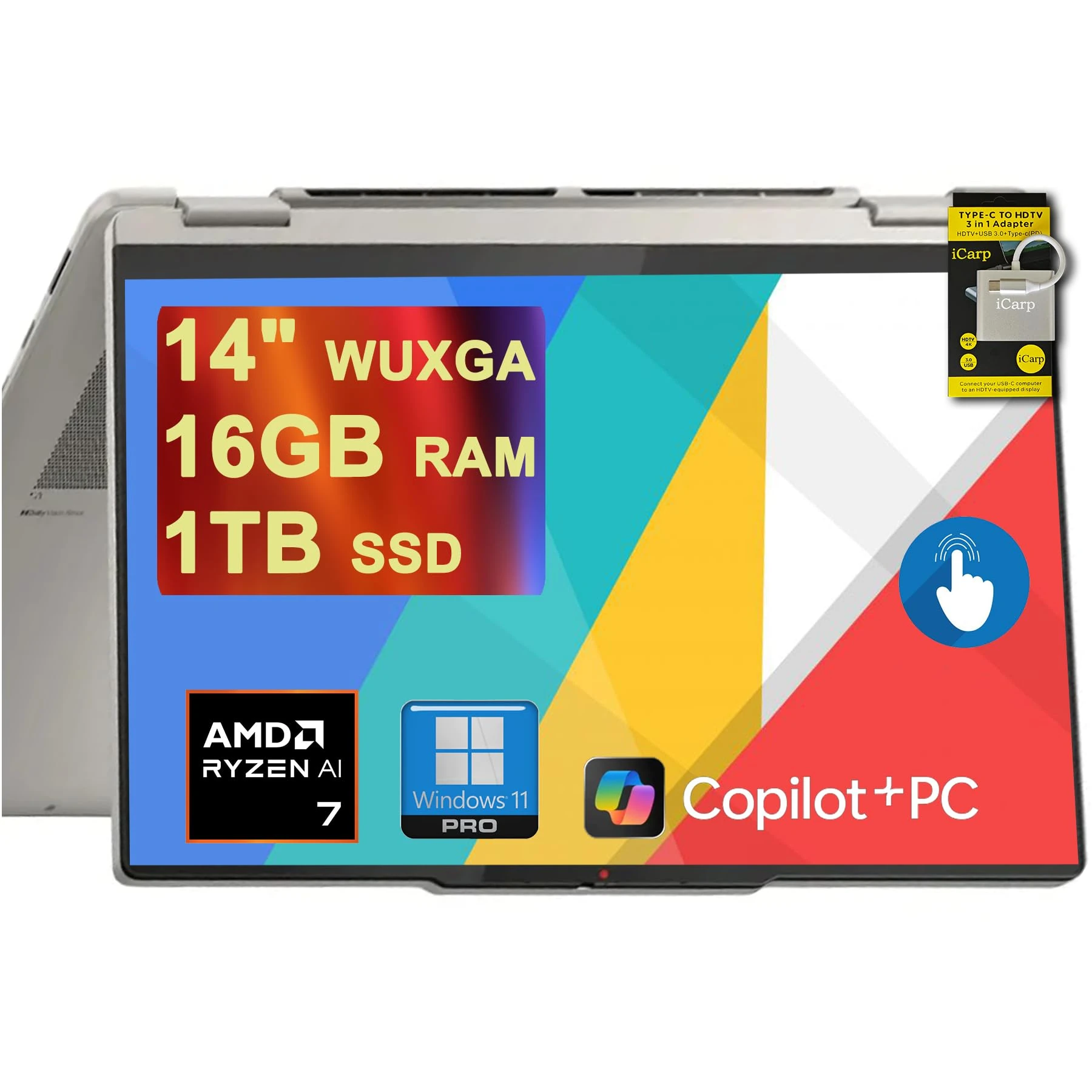 Lenovo Yoga 7 2-in-1 Laptop 14" WUXGA OLED Touch (100% DCI-P3 600nits HDR) AMD 8-core Ryzen AI 7 350 (Up to 50 Tops) 16GB RAM 1TB SSD for Creator Business Professional Win11Pro ICP Hub w/Copilot+ AI