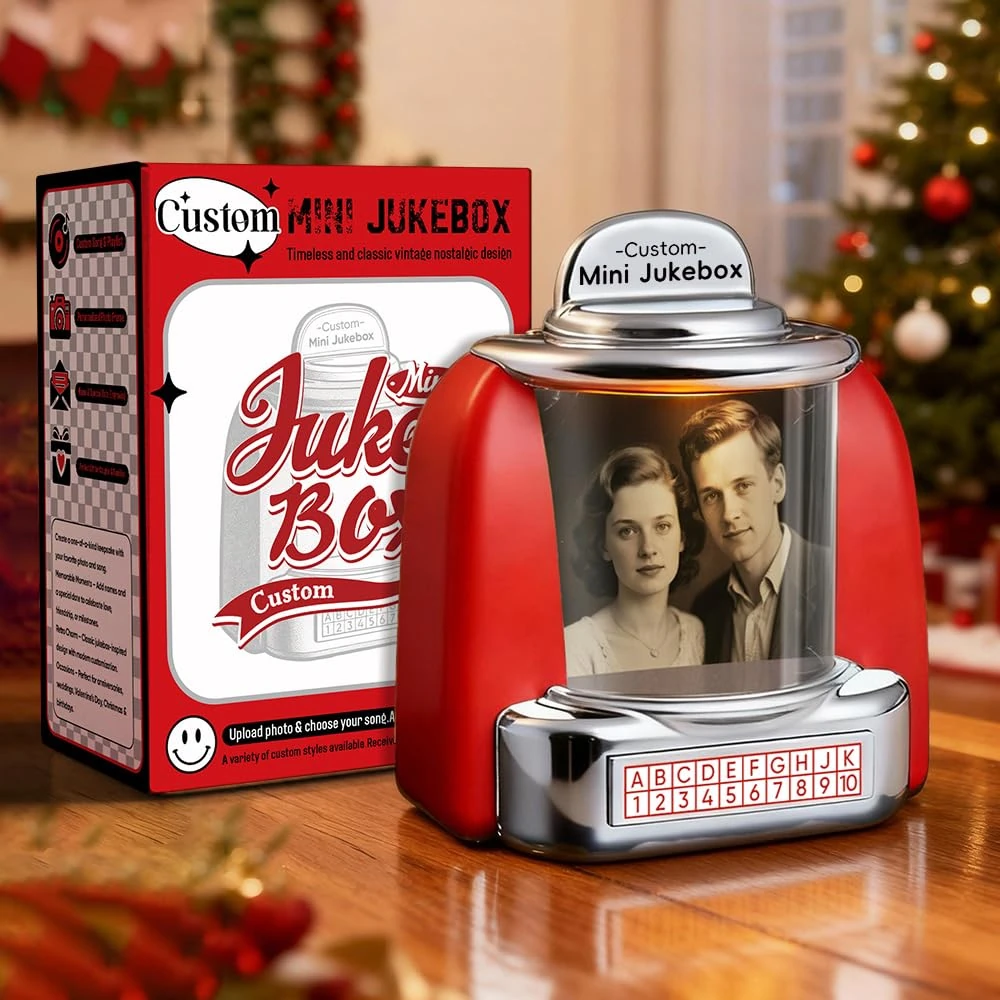 Custom Retro Jukebox Speaker – Personalised Photo, Names & Date Music Mini Player with Radio | Vintage Tabletop Decor & Nostalgic Anniversary, Christmas, Valentine’s Day Gift for Couples, Men & Women