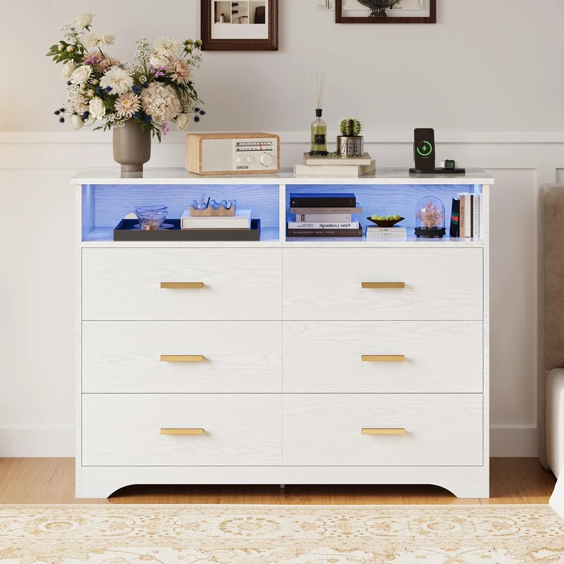 IRONCK White Chest of Drawers Bedroom with LED Light and 1 USB+1Type-C & 2 AC Outlets, Storage Cabinet with 6 Drawers and 2 open cubicle, Wooden Chest for Bedroom, Living Room, 40x120x94.7cm