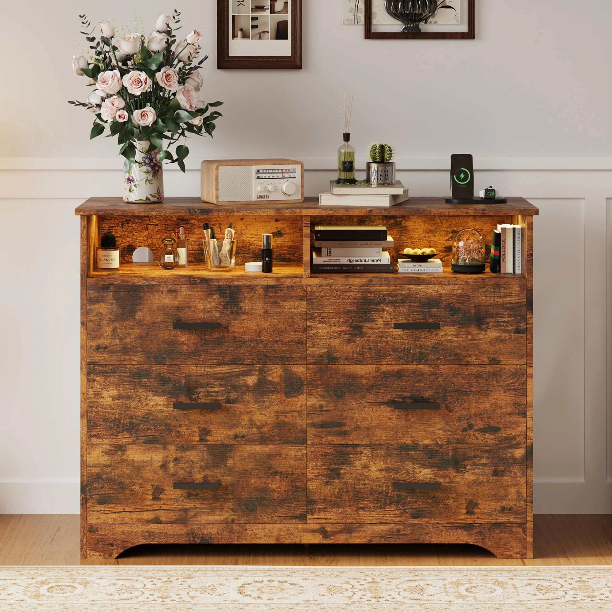 IRONCK Retro Brown Chest of Drawers Bedroom with LED Light and 1 USB+1Type-C & 2 AC Outlets, Storage Cabinet with 6 Drawers and 2 open cubicle, Wooden Chest for Bedroom, Living Room, 40x120x94.7cm