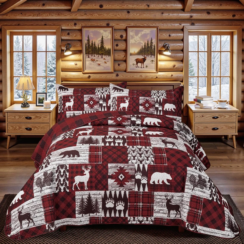 2 Piece Cabin Quilt Sets Twin Size Christmas Rustic Reversible Microfiber Soft Lightweight Farmhouse Bedspread Comforter with 1 Sham Patchwork Country Lodge Bedding for All Season, 68''x86'', Red