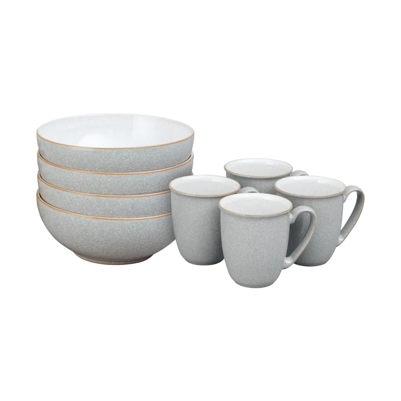 Denby - Elements Coffee Mug & Cereal Bowl 8 Piece Set - Light Grey Dishwasher & Microwave Safe Stoneware - 4 x 330ml Tea Cups & Cereal Bowls for Soup - Ceramic, Chip Resistant for Everyday Use