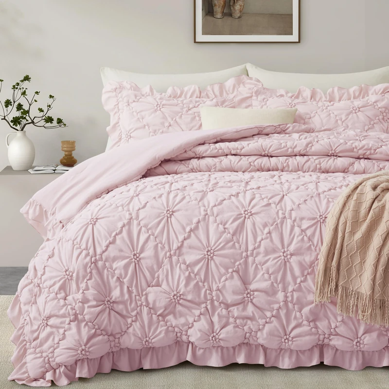 BEDAZZLED Queen Size Comforter Sets, Pink Bedding Comforter Set, 3 Pieces Pinch Pleat Bedding Sets with Comforter and Pillowcases Soft Farmhouse Shabby Chic Comforter for All Seasons