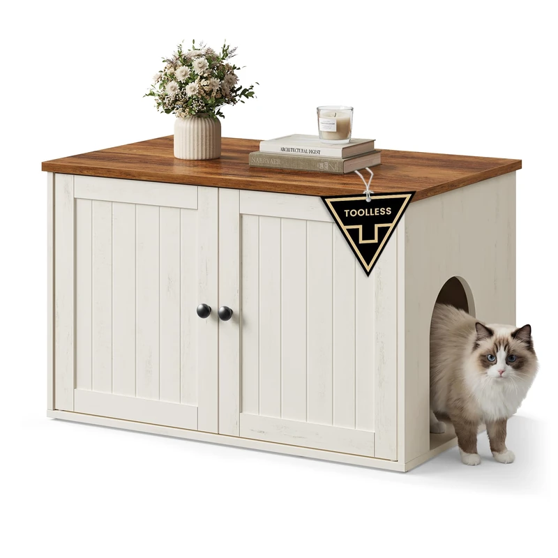 SONGMICS HOME Litter Box Enclosure, Superfast Toolless Assembly, Cat Washroom Furniture, Push-to-Open Doors, Cat House, Rustic White and Honey Brown PCL233WJ05