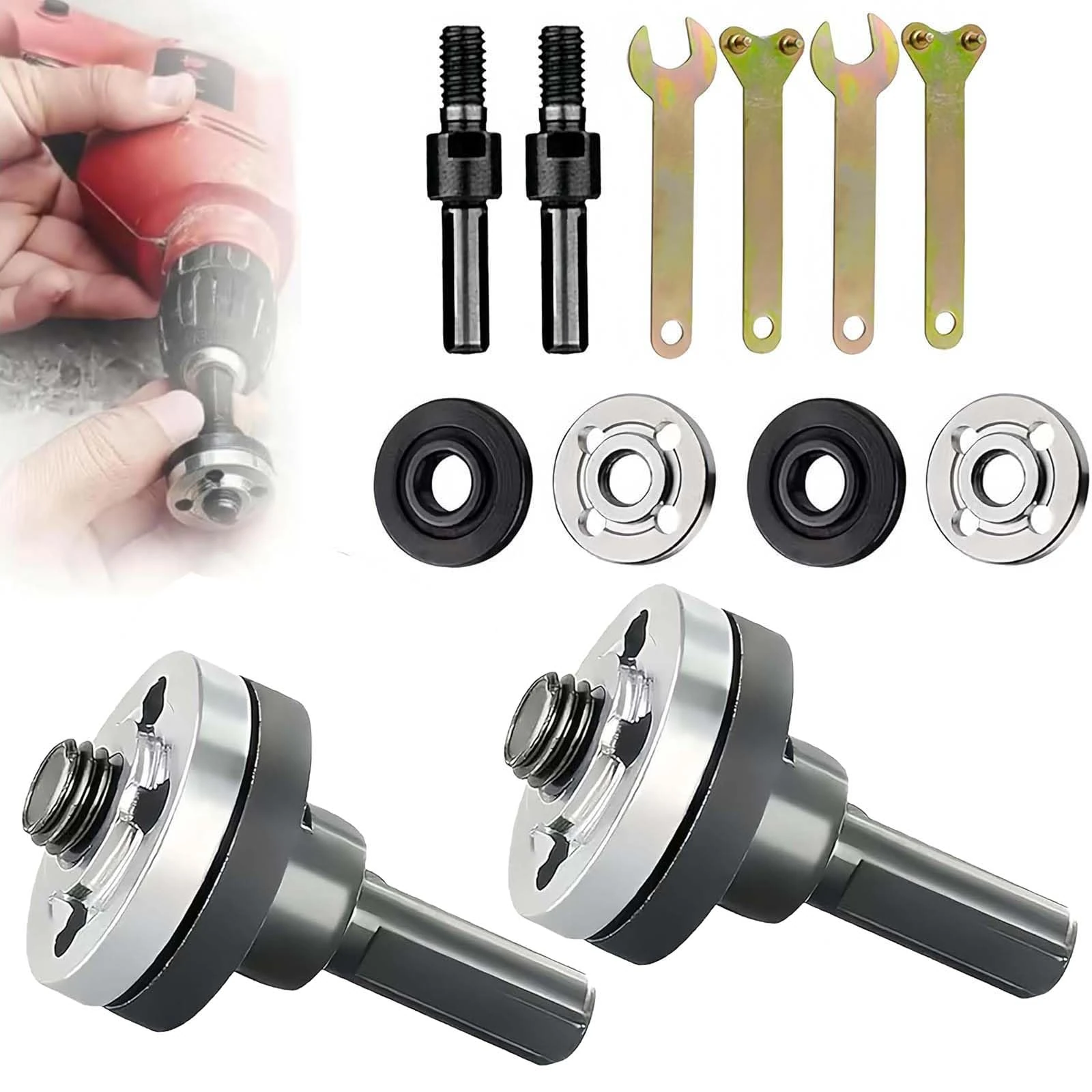 Electric Drill Angle Grinder Connecting Rod Set, 2025 New Angle Grinder Tool Drill Arbor Mandrel Adaptor with Replacement Grinders Flange Nuts and Spanner Wrench Conversion Tool (10Pcs)