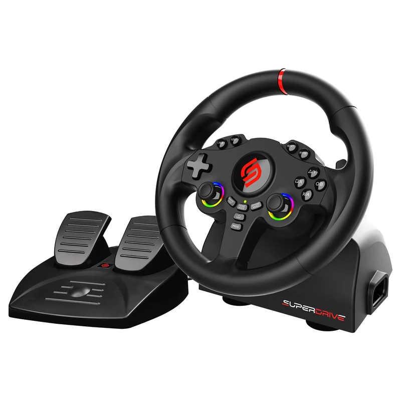 Subsonic - Superdrive 220 RS Steering Wheel - Dual Joystick LED Racing Wheel, 180° Rotation, with Pedals and Paddle Shifters. For Switch 2 / Switch, PS4, PC, and Xbox - Black