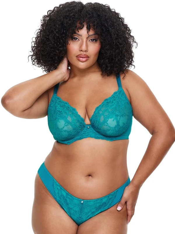 Ann Summers Sexy Lace Fuller Bust Non Padded Plunge Bra Curve-Enhancing Womens Underwear with Underwire Support, Sheer Lace Cups & Power Mesh Wings Blue/Green
