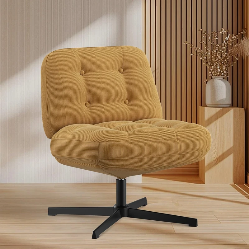 COLAMY Wide Seat Cross Legged Home Office Chair – Thick Padded Corduroy Desk Chair with Metal Base, Armless Criss Cross Chair Swivel Computer Chair for Study or Living Room