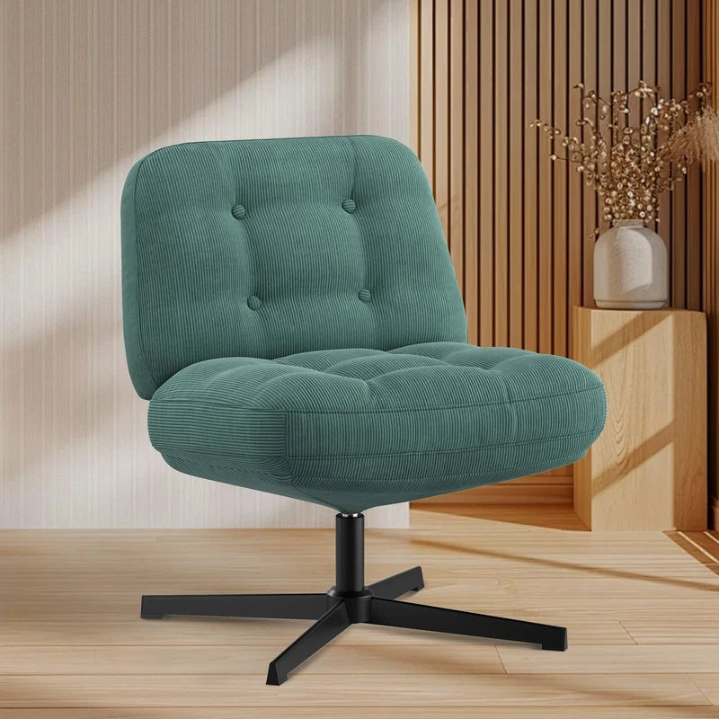 COLAMY Wide Seat Cross Legged Home Office Chair – Thick Padded Corduroy Desk Chair with Metal Base, Armless Criss Cross Chair Swivel Computer Chair for Study or Living Room