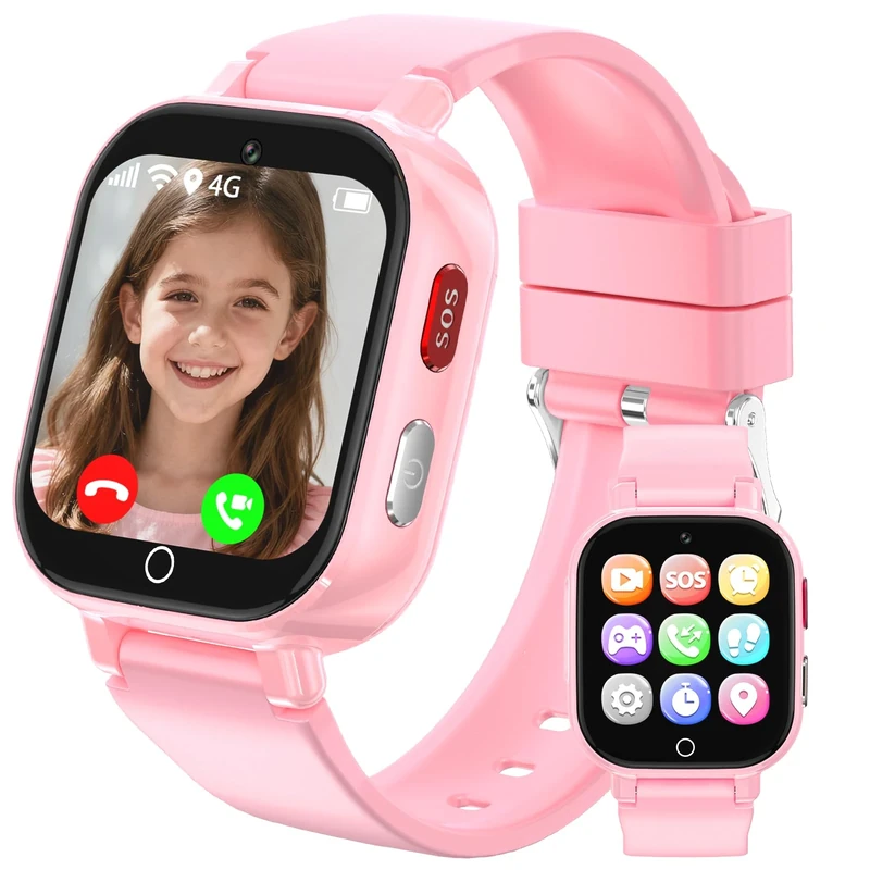 BJLBOJEY Kids Smart Watch for Boys Girls, 4G Kids Phone Watch with GPS Tracker Two Way Call Video Calling Voice Chat Class Mode Pedometer Games Alarm Clock, Smartwatches for 4-12 Year Olds, Pink