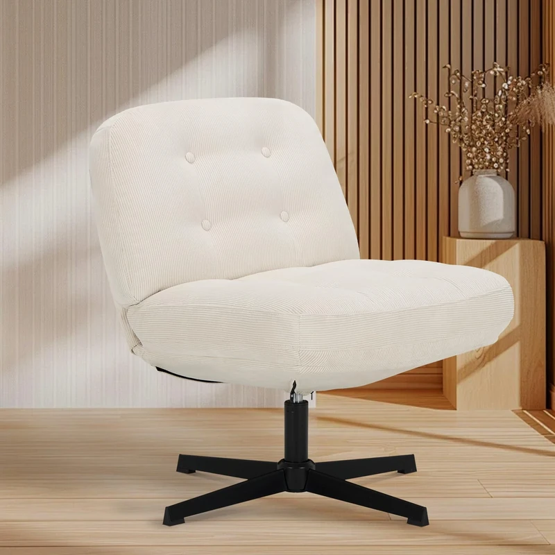 COLAMY Ergonomic 360° Swivel Office Chair for Home - Thick Cushioned Desk Chair with Pet-Friendly Corduroy Fabric, Ideal for Cross-Legged Sitting, Criss Cross Posture, Work & Relaxation,White