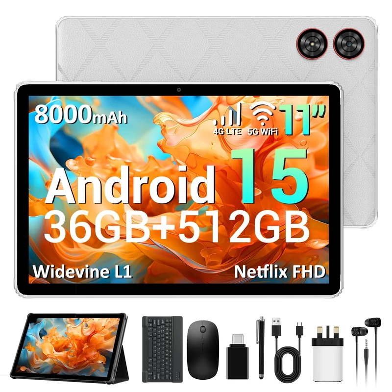 AXETOP Android 15 Tablet, 11 Inch Tablet with Sim Card Slot, 36GB+512GB (TF 1TB), 4G LTE & 5G WiFi, Widevine L1, 2000 * 1200 IPS, 8000mAh/8MP+13MP/OTG/GPS, Tablets with Keyboard/Pen/Mouse/Case - Gray