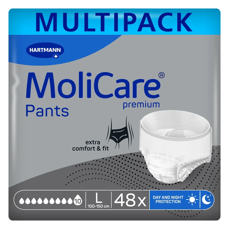 MoliCare Premium Pants 10 Drops | Incontinence Pants for Women and Men with Severe Incontinence – Disposable Adult Pull Ups with Extra Leakage Protection | Size L | 4 Packs of 12 Pieces (48 Pieces)