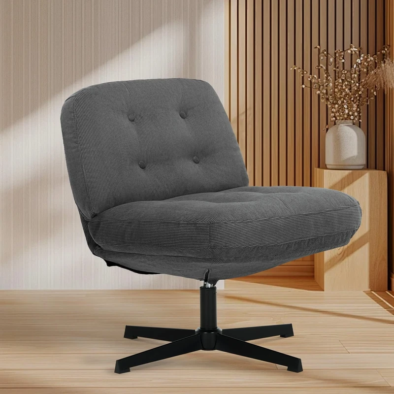 COLAMY Wide Seat Cross Legged Home Office Chair – Thick Padded Corduroy Desk Chair with Metal Base, Armless Criss Cross Chair Swivel Computer Chair for Study or Living Room